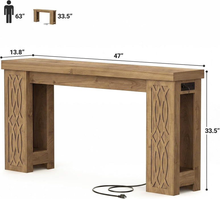47" Console Table with Outlet, Farmhouse Entryway Table with Colorful LED Lights, Wooden Sofa Table with Unique Carved Design, Foyer Accent Table for Entrance, Hallway, Living Room Natural