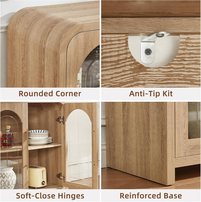 65" Sideboard Buffet Cabinet with Arched Glass Doors, Natural | Modern Wood Sideboard, Spacious Storage Credenza, Adjustable Shelves, Living Room Accent Cabinet, Dining Room & Entryway Use