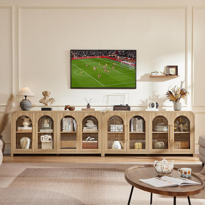 65" Sideboard Buffet Cabinet with Arched Glass Doors, Natural | Modern Wood Sideboard, Spacious Storage Credenza, Adjustable Shelves, Living Room Accent Cabinet, Dining Room & Entryway Use