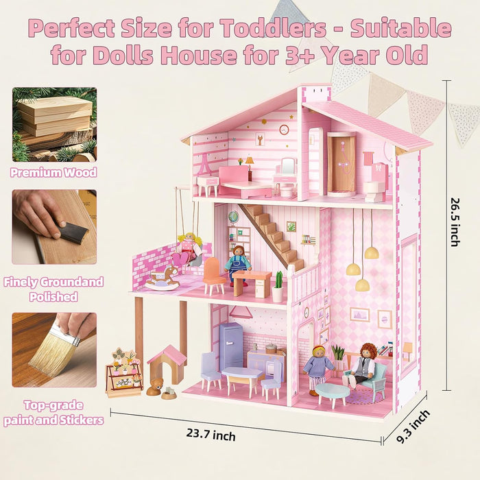 Wooden Dolls House for Toddlers Aged 3–5: Complete Set with Furniture, 4 Family Member Dolls, and a Pet Dog – Villa-Style Design for Indoor Play. Ideal Dollhouses for Children Aged 3 to 8