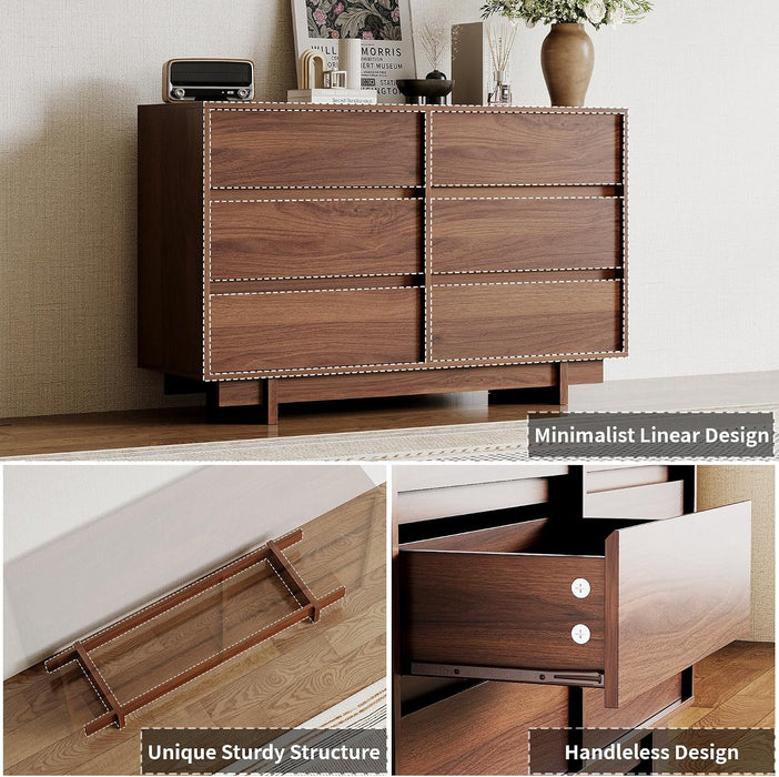 6 Drawer Walnut Dresser for Bedroom, 47" Wide Mid Century Modern Dresser