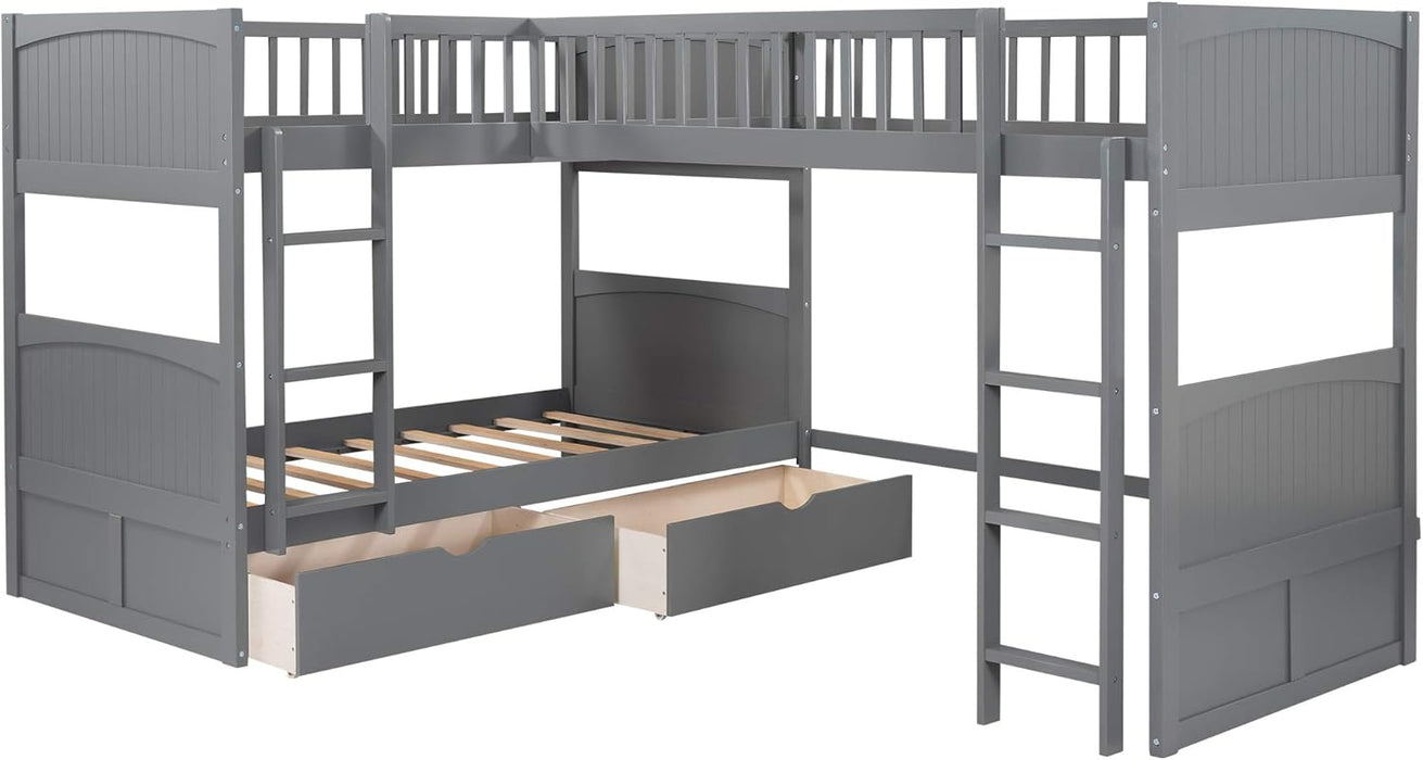 Triple Bunk Bed for Kids L Shaped Bunk Bed Solid Wood Twin over Twin over Twin Bed with 2 Drawers and 2 Ladders, No Box Spring Needed, Gray