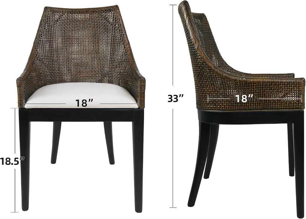 Natural Cane Mesh Rattan Accent Chair, Tropical Coastal Woven Back Armchair with Beige Fabric Cushion & Black Tapered Wood Legs, Ergonomic Comfort for Living Room Bedroom