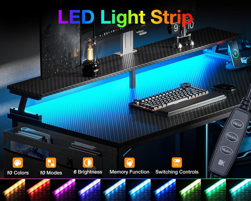 40 Inch Gaming Desk with USB Power Outlets and LED Lights, Reversible L Shaped Computer Desk with Storage Shelves & Monitor Stand, Corner Home Office Desk Table, Carbon Fiber Surface, Black - ShipItFurniture