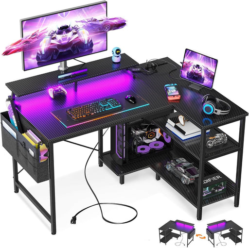 40 Inch Gaming Desk with USB Power Outlets and LED Lights, Reversible L Shaped Computer Desk with Storage Shelves & Monitor Stand, Corner Home Office Desk Table, Carbon Fiber Surface, Black - ShipItFurniture
