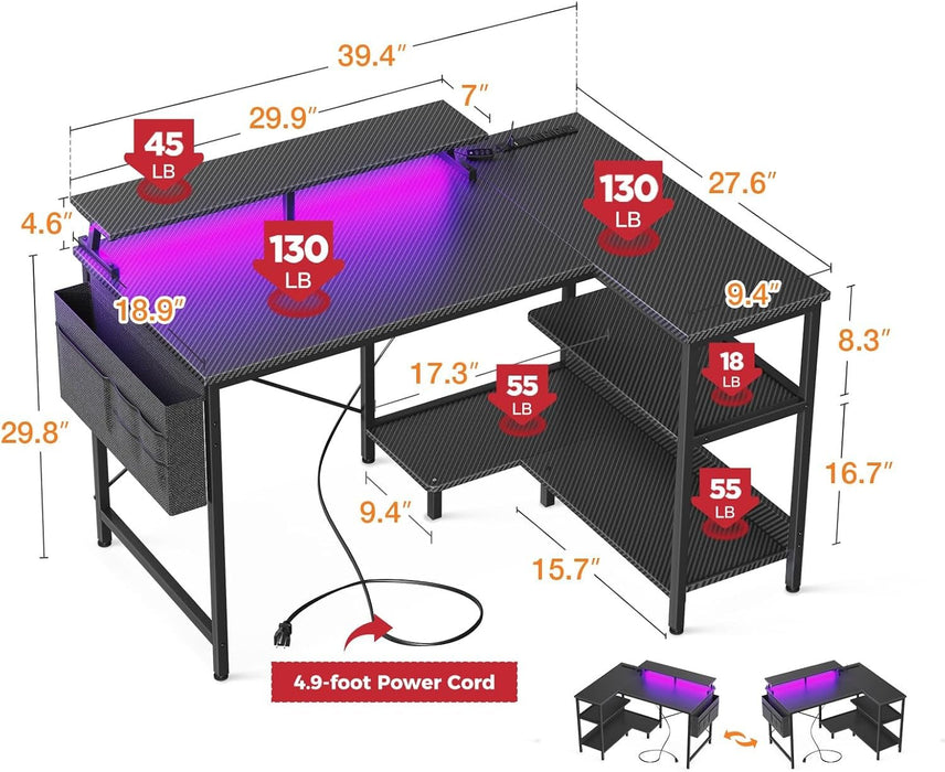 40 Inch Gaming Desk with USB Power Outlets and LED Lights, Reversible L Shaped Computer Desk with Storage Shelves & Monitor Stand, Corner Home Office Desk Table, Carbon Fiber Surface, Black - ShipItFurniture
