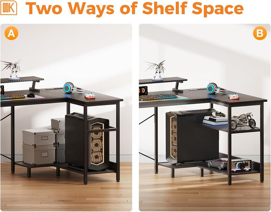 40 Inch Gaming Desk with USB Power Outlets and LED Lights, Reversible L Shaped Computer Desk with Storage Shelves & Monitor Stand, Corner Home Office Desk Table, Carbon Fiber Surface, Black - ShipItFurniture