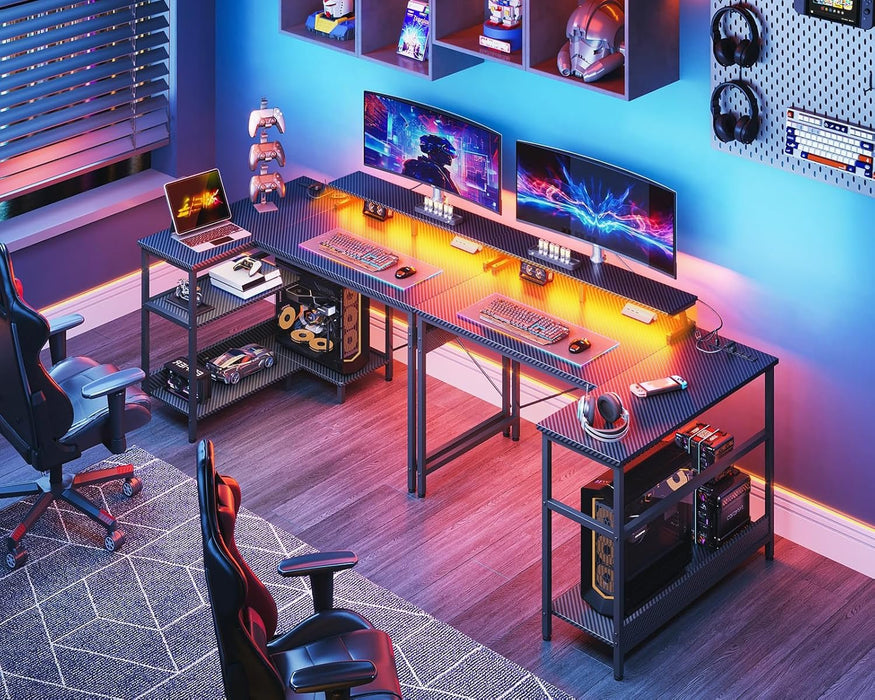 40 Inch Gaming Desk with USB Power Outlets and LED Lights, Reversible L Shaped Computer Desk with Storage Shelves & Monitor Stand, Corner Home Office Desk Table, Carbon Fiber Surface, Black - ShipItFurniture