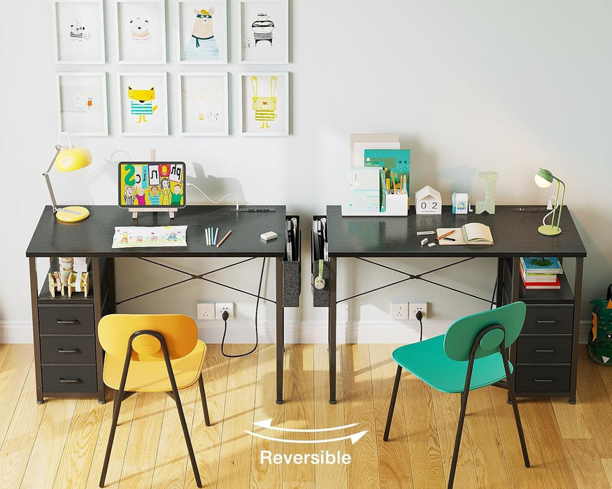 40 - Inch Small Computer Desk with Fabric Drawers and Charging Station, Kids Girls Teen Study Writing Desk for Bedroom, Home Office Desk with Storage Shelf & Bag for Small Space, Black - ShipItFurniture