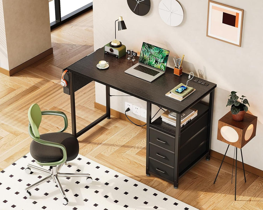 40 - Inch Small Computer Desk with Fabric Drawers and Charging Station, Kids Girls Teen Study Writing Desk for Bedroom, Home Office Desk with Storage Shelf & Bag for Small Space, Black - ShipItFurniture