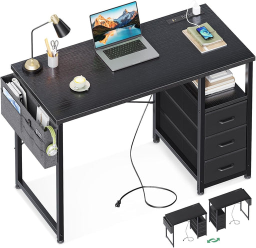 40 - Inch Small Computer Desk with Fabric Drawers and Charging Station, Kids Girls Teen Study Writing Desk for Bedroom, Home Office Desk with Storage Shelf & Bag for Small Space, Black - ShipItFurniture