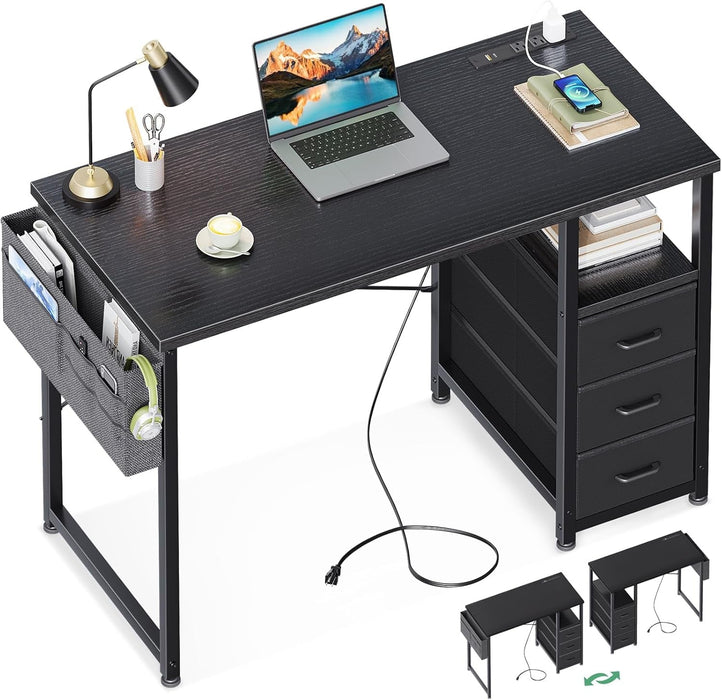 40 - Inch Small Computer Desk with Fabric Drawers and Charging Station, Kids Girls Teen Study Writing Desk for Bedroom, Home Office Desk with Storage Shelf & Bag for Small Space, Black - ShipItFurniture