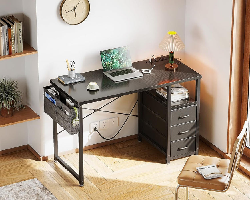 40 - Inch Small Computer Desk with Fabric Drawers and Charging Station, Kids Girls Teen Study Writing Desk for Bedroom, Home Office Desk with Storage Shelf & Bag for Small Space, Black - ShipItFurniture