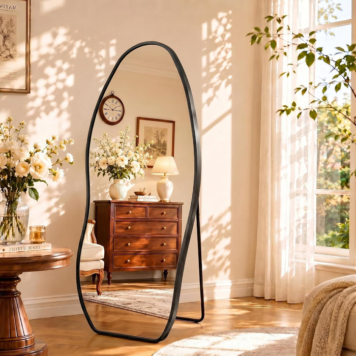 Irregular Full Length Mirror -Black Decor Floor Mirror with Stand 63"X 24"