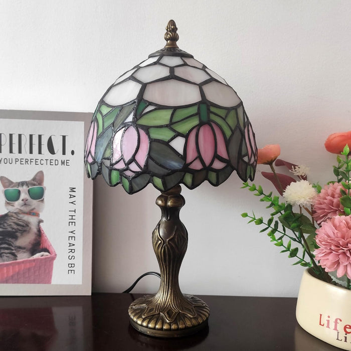 Tiffany Table Lamp Small Stained Glass Desk Lamp Vintage Bedside Lamp Included 3 Way LED Bulb for Home Living Room Nightstand Bedroom Office (Pink Tulip)