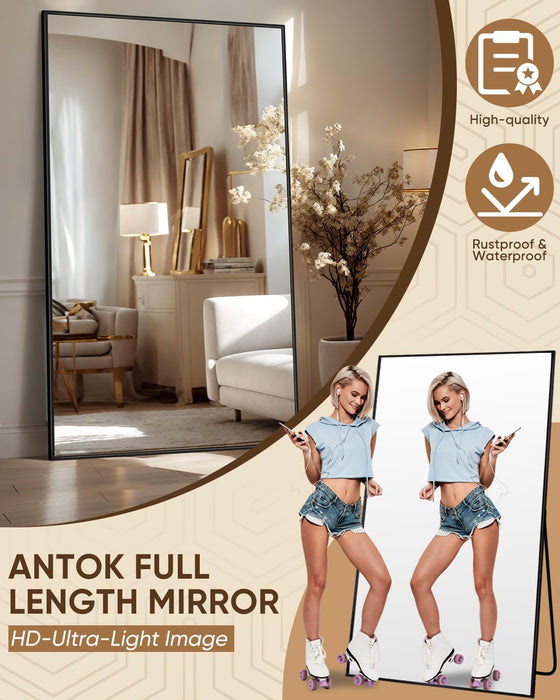Full Length Mirror, 72"X44" Floor Mirror, Floor Standing Freestanding Full Body Mirror with Stand for Bedroom, Hanging Mounted for Living Room Cloakroom, Black