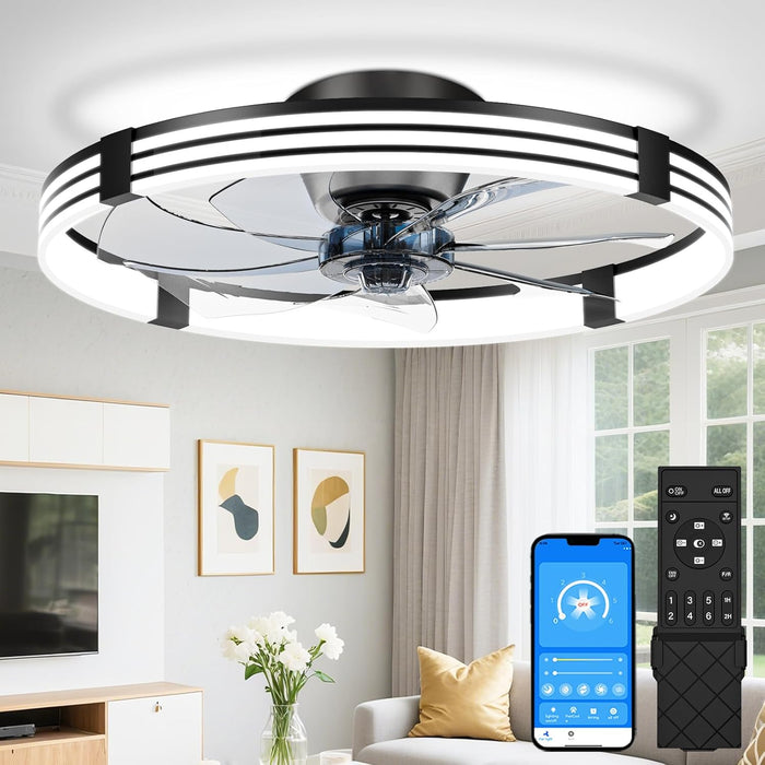 Low Profile Ceiling Fans with Lights and Remote, 24In Flush Mount Ceiling Fan with Light, 3000K-6500K Dimmable Fandelier LED Fan Light, Black Bladeless Ceiling Fans with Lights for Bedroom