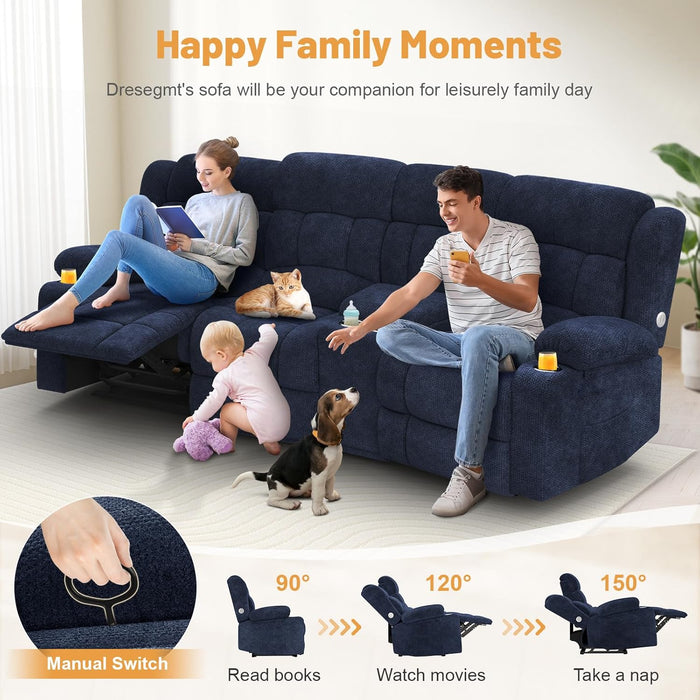 Recliner Sofa with Storage Console, Flip Middle Backrest Design 3-Seater Reclining Sofa with Storage Drawer, USB Ports & Cup Holders, Manual Couch for Living Room (Blue, 3 Seater + Console)