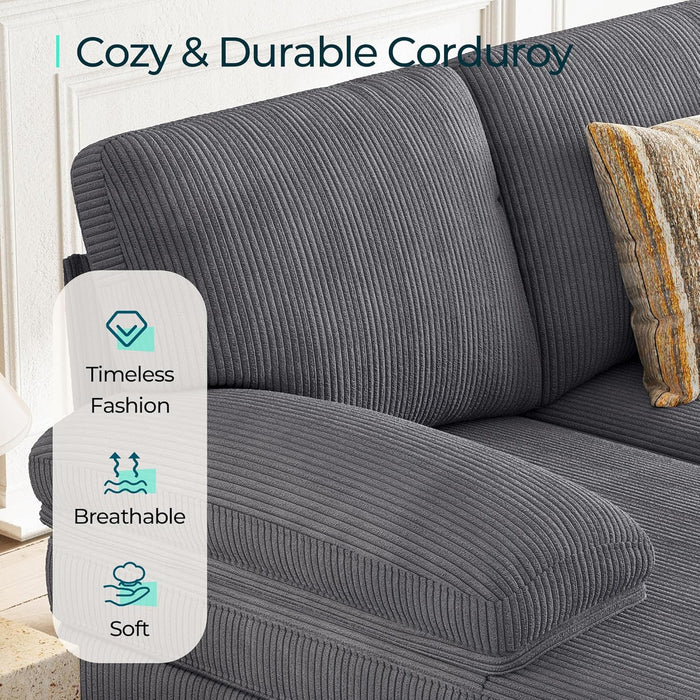 Sectional Couch, 111'' W Corduroy U Shaped Sofa with Sleepable Armrests, 4 Seat Couch with Double Chaises, Deep Sofa for Living Room, Grey