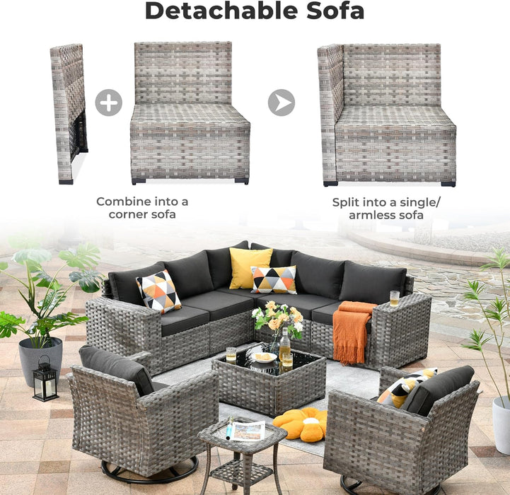 9 Pieces Patio Furniture Set, Outdoor Wicker Sectional Sofa with 2 Swivel Chairs Coffee Table, Modern Modular Deep Seat Rattan Couch Conversation Sets, Black
