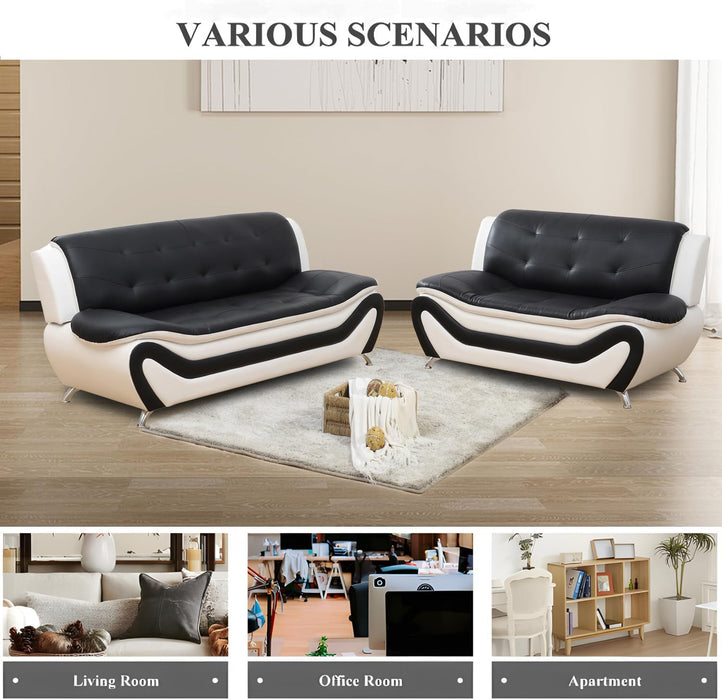 Faux Leather Sofa Couch Set, Living Room Sofa and Loveseat Set, Leather Couch and Loveseat Set for Living Room Office Home (2 Piece Leather Living Room Set, White&Black)