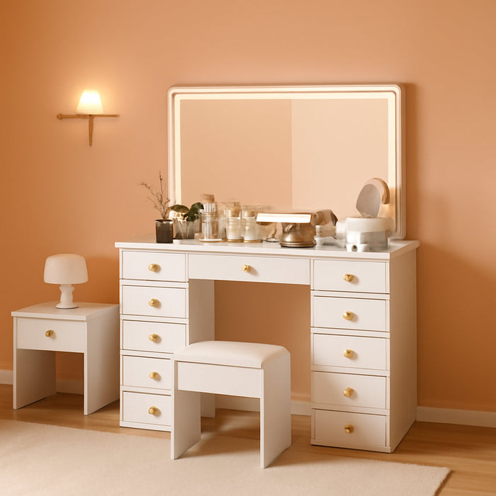 Glass Top Vanity Desk with Crystal Handles, 11 Drawers Makeup Vanity with Mirror and Stool, 3 Lighting Modes Dressing Table, Power Outlet, Silent Slides, White