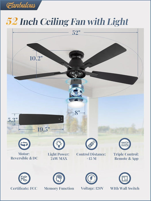 52 Inch Ceiling Fans with Lights, Smart Flush Mount Ceiling Fan and Remote APP, Modern Low Profile, 3CCT 20W LED with 6-Speeds Quiet Reversible Motor for Bedroom, Living Room, Kitchen, Black