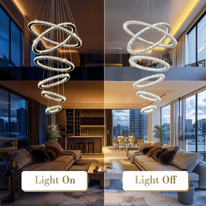 Modern Crystal Chandelier Lighting, 6 Ring Chandelier LED Ceiling Lights Fixtures with 3-Color, High Ceiling Foyer Chandeliers for Living Room Dining Room Staircase, D8-12-16-20-24"-28"