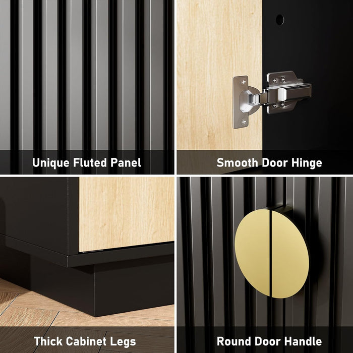 63 Inch Fluted Buffet Cabinet with Storage, Symmetrical Arc Accent Sideboard Large Console Table for Living Room,Dining Room or Kitchen(Camel/Black)