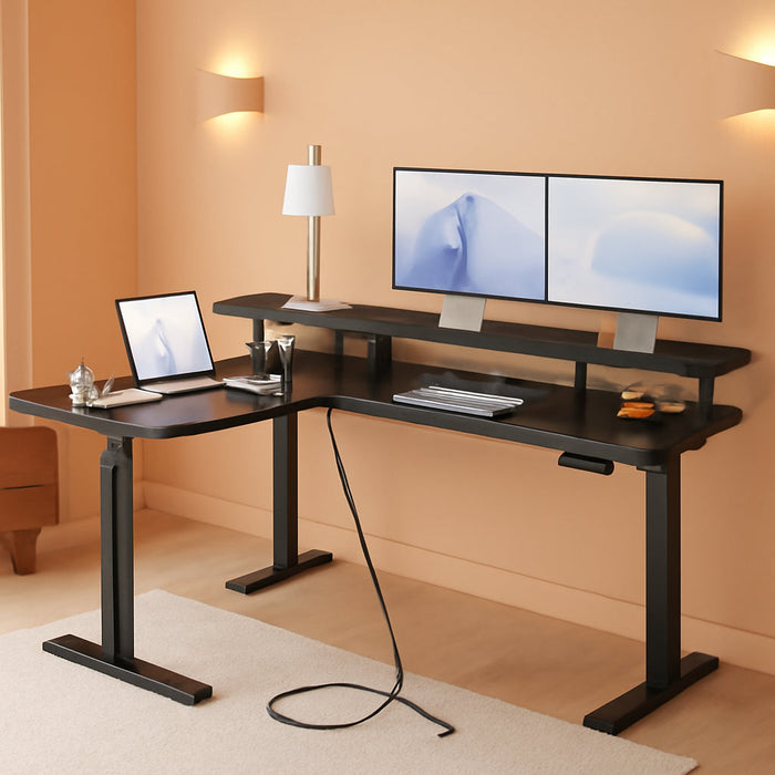 Electric L Shaped Standing Desk with Monitor Stand, 59 Inch Height Adjustable Corner Desk with Power Outlets, Large Sit Stand Table, Reversible Computer Desk for Home, Office, Black