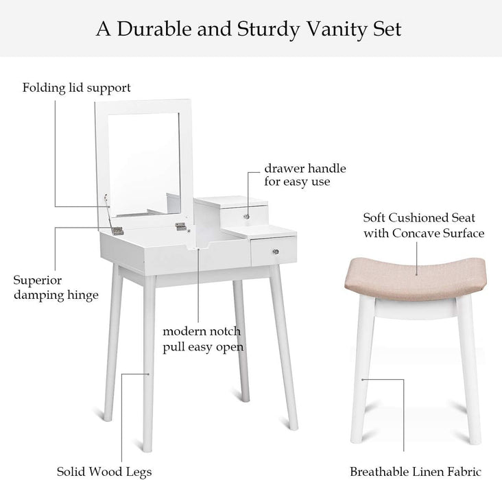 Vanity Table Set with Flip Top Mirror and Cushioned Stool, Folding Top Flip Mirrored Large Storage Organizer for Home Bedroom Bathroom, Makeup Dressing Table Set with 2 Drawers, White