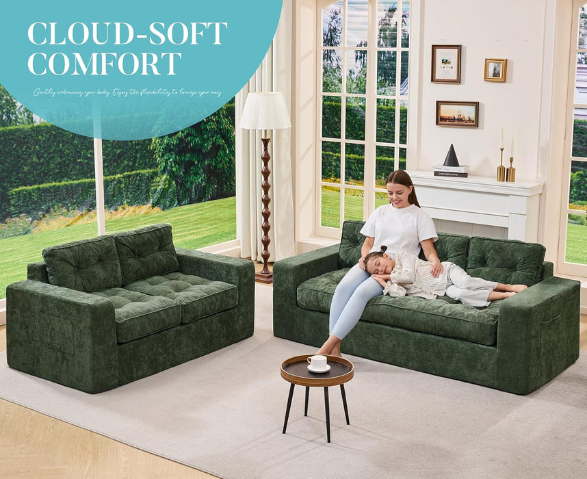 Green ThreeSeater Chenille Sofa With Tufted Upholstery
