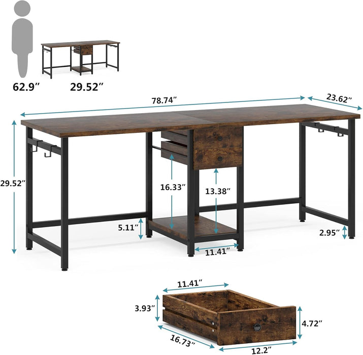 79" Double Desk, Two Person Desk with Storage Drawer, Long Desk Home Office Desks for 2 Person, Rustic Brown