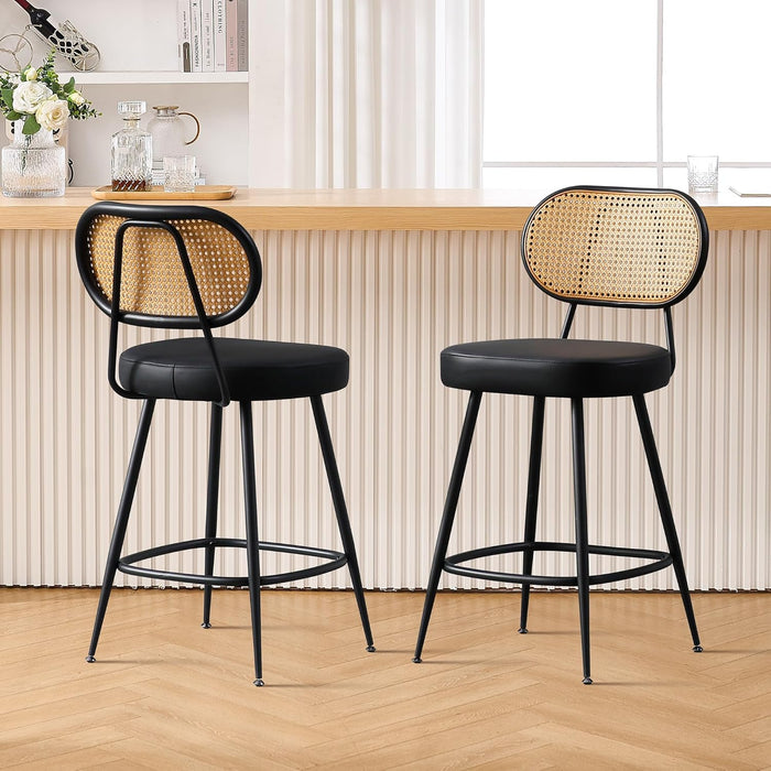 Counter Height Bar Stools Set of 2, 26" Seat Height Barstools with Rattan Back and Metal Legs, Upholstered Faux Leather Bar Chairs for Kitchen Island, Home Bar, Black
