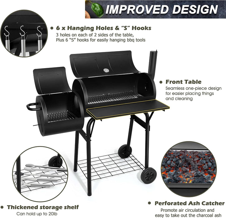 Charcoal Grill with Offset Smoker, Camping Barbecue Grill with Side Fire Box for Outdoor BBQ Smoking/Backyard Party Grilling, Thick Iron Steel & Dual Chamber Design, Thermometer & Chimney