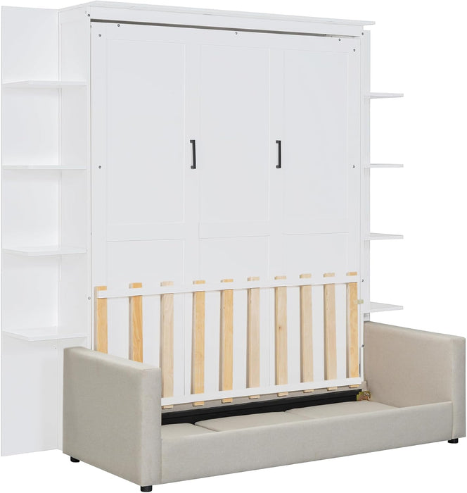 Murphy Bed, Queen Size Wooden Wall Bed with Sofa for Bedroom, Wood Slat Support, No Box Spring Needed, Easy Assembly, White