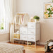 Dresser for Bedroom with Hanging Rack, 5 Drawers Dresser with Clothes Rack, Fabric Dressers & Chest of Drawers with PU Finish Storage Organizer, for Living Room Closet, White