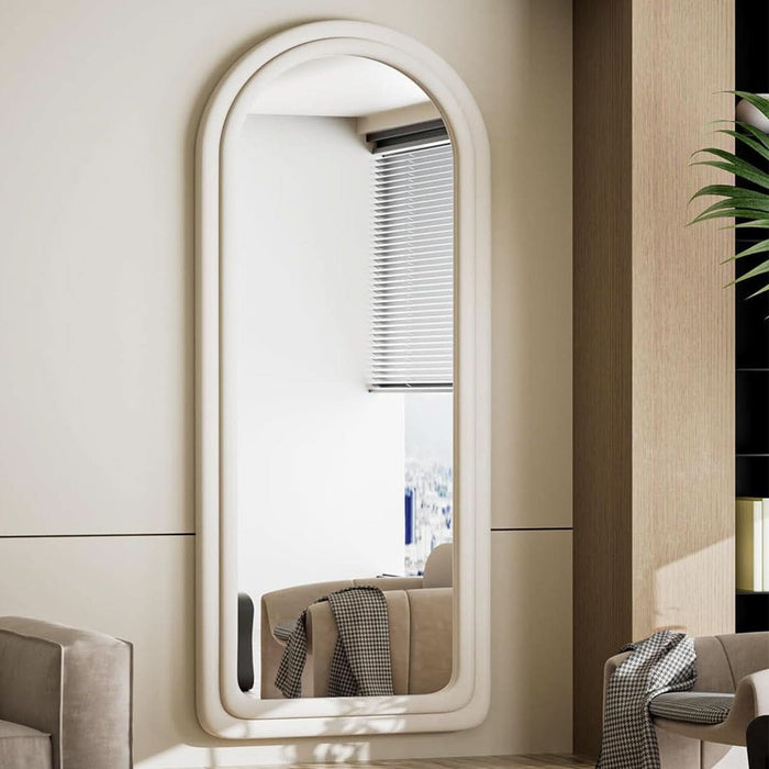 71"X32" Arched Mirror Full Length, Full Body Freely Standing Mirror, Flannel Floor Mirror with Stand for Bedroom, Living Room, Hanging or against the Wall, White