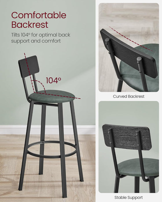 Bar Stools, Set of 2 PU Upholstered Breakfast Stools, 29.7-Inch Barstools with Back and Footrest, Simple Assembly, for Dining Room Kitchen Counter, Classic Black and Forest Green ULBC069C01