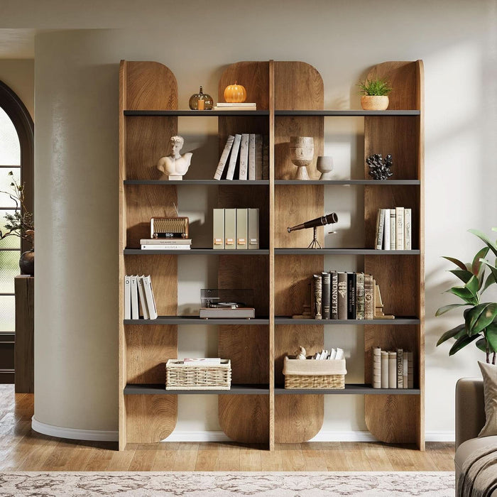 70.87" Tall Farmhouse Bookshelf, 5-Tier Double Wide Bookcase with Open Shelves, Vintage Bookshelf for Living Room, Office, Study Room, Bedroom（Brown）