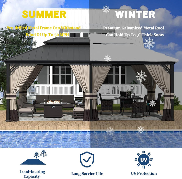 12x20 Ft Hardtop Gazebo With Double Roof NettingCurtains