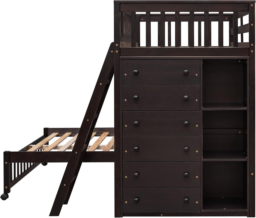 Twin over Full Bunk Bed with Storage, Solid Wood Bunk Bed with 6 Drawers and 3 Flexible Shelves, Twin Loft Bed with Movable Lower Bed, Bottom Bed with Wheels, for Kids Teens Adults (Espresso)