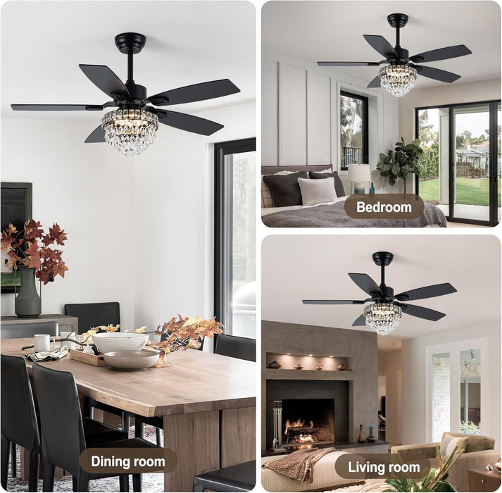 Black 42Inch Chandelier Ceiling Fan App Smart Lighting