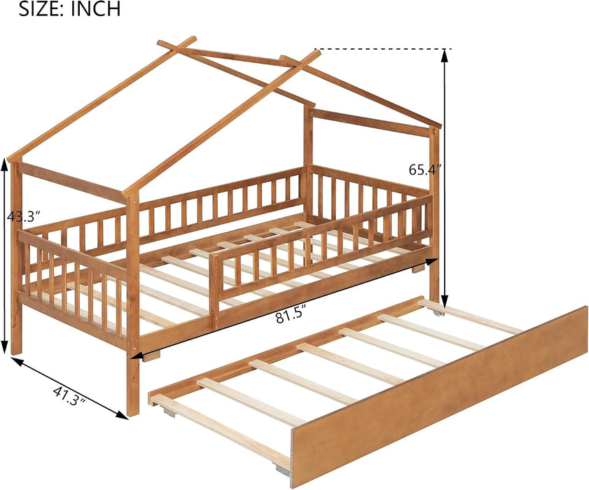 Walnut Solid Wood House Bed Trundle UnitBundleWithDrawers