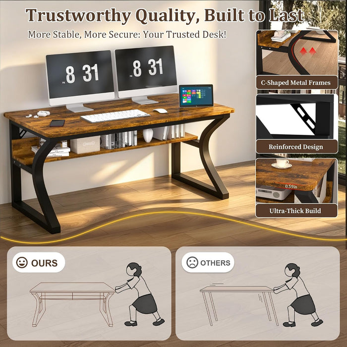 Computer Desk, 47 X 20In Computer Desk, Office Desk W/Storage, Home Office Desks for Gaming Study Writing Work, Sturdy Metal Frame, Large Legroom, Waterproof, Scratch-Resistant, Rustic Brown