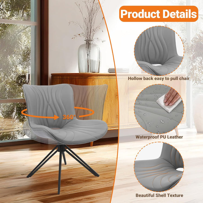 Dining Chairs Set of 2, 360° Swivel Upholstered Mid-Century Modern Kitchen Dining Room Chairs, Armless Faux Leather Accent Side Chair with Padded Back, Metal Legs for Living Room Bedrooms,Grey