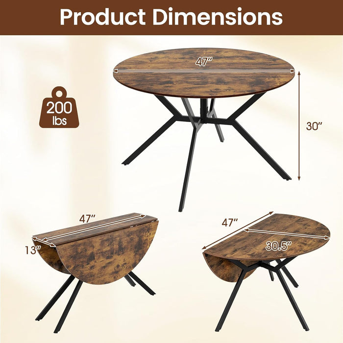 Folding Dining Table for 4, 47" round Kitchen Table for Small Space | Drop Leaf Kitchen Table W/Sturdy Metal Frame, Space-Saving Expandable Dinner Table for Dinette, Living Room, Apartment, Brown