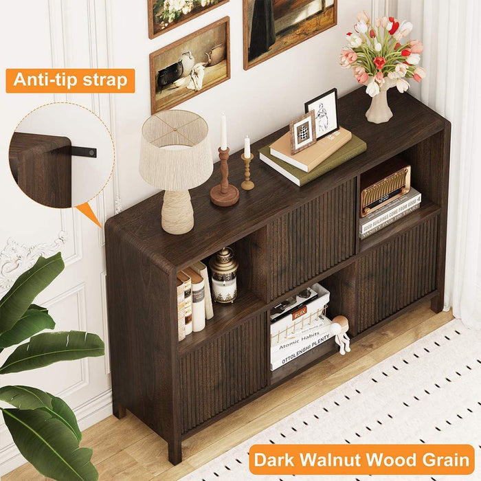 6 Cube Storage Organizer Book Shelf, Horizontal Bookshelf with 3 Doors, 3 Tier Wooden Bookcase for Living Room, Home Office (Dark Walnut)