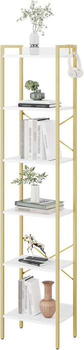 Bookshelf, Book Shelf, Industrial Bookcase with 2 Hooks, Coner Shelf Storage Organizer for Home Office, Living Room, Bedroom, Kitchen, 6-Tier White-Gold BC10713G