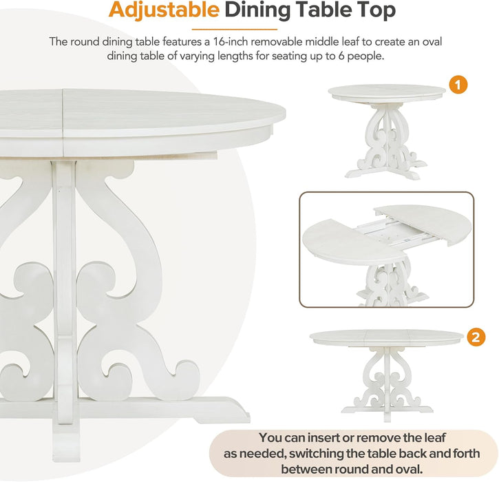 round Solid Wood Dining Table Set for 4, Farmhouse Kitchen Table Set with 4 Upholstered Chairs, 5-Piece Table and Chairs Set for Kitchen, Dining Room, Living Room, Antique White